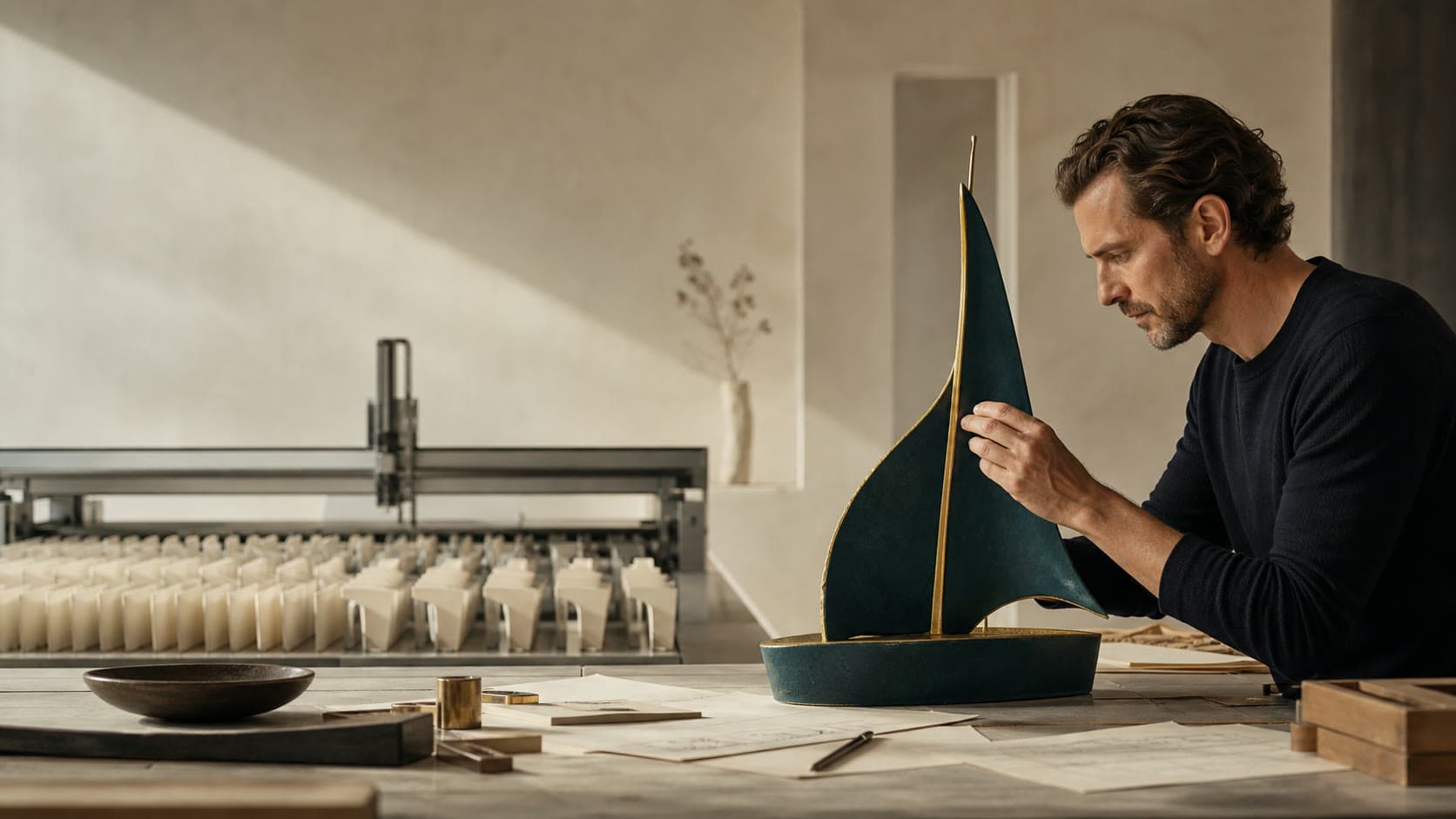 Illustration of a craftsperson shaping a model sailboat beside automated tools
